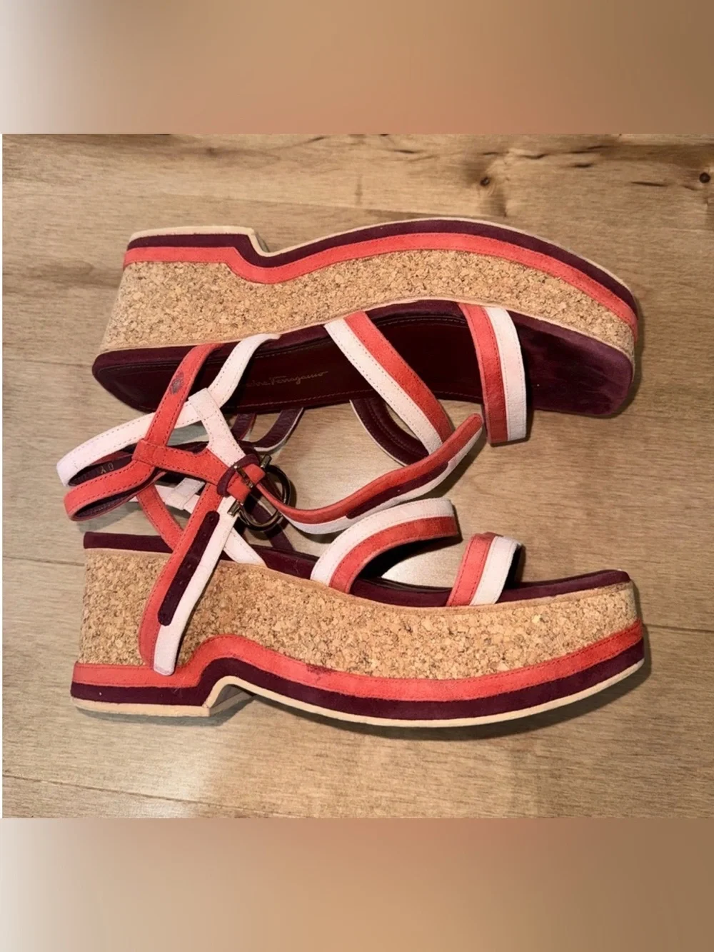 Ferragamo Vintage Platform Cork and Leather Strappy Sandal in Coral and White